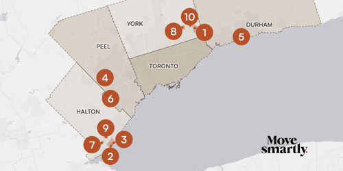 The top 10 neighbourhoods on a map of the GTA