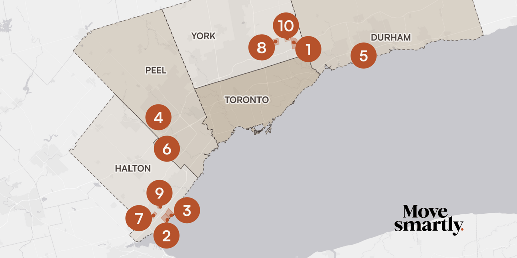 The top 10 neighbourhoods on a map of the GTA