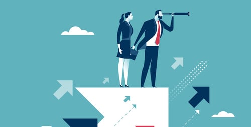 woman-and-man-on-rising-arrows-looking-into-future