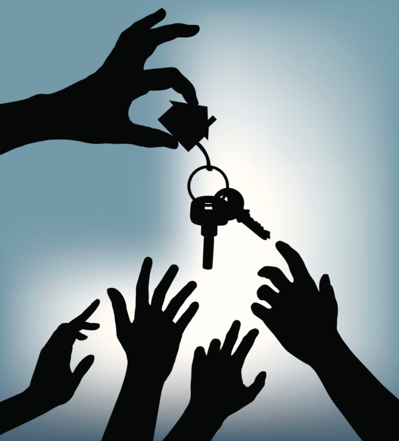 Hands reaching for home key-Good